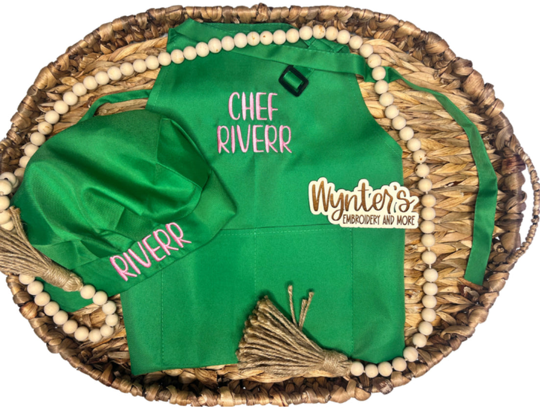 Embroidered Kids Matching Apron and Hat Set