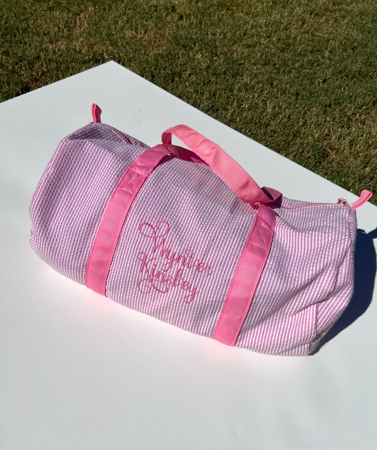 Embroidered Seersucker Duffle Bag