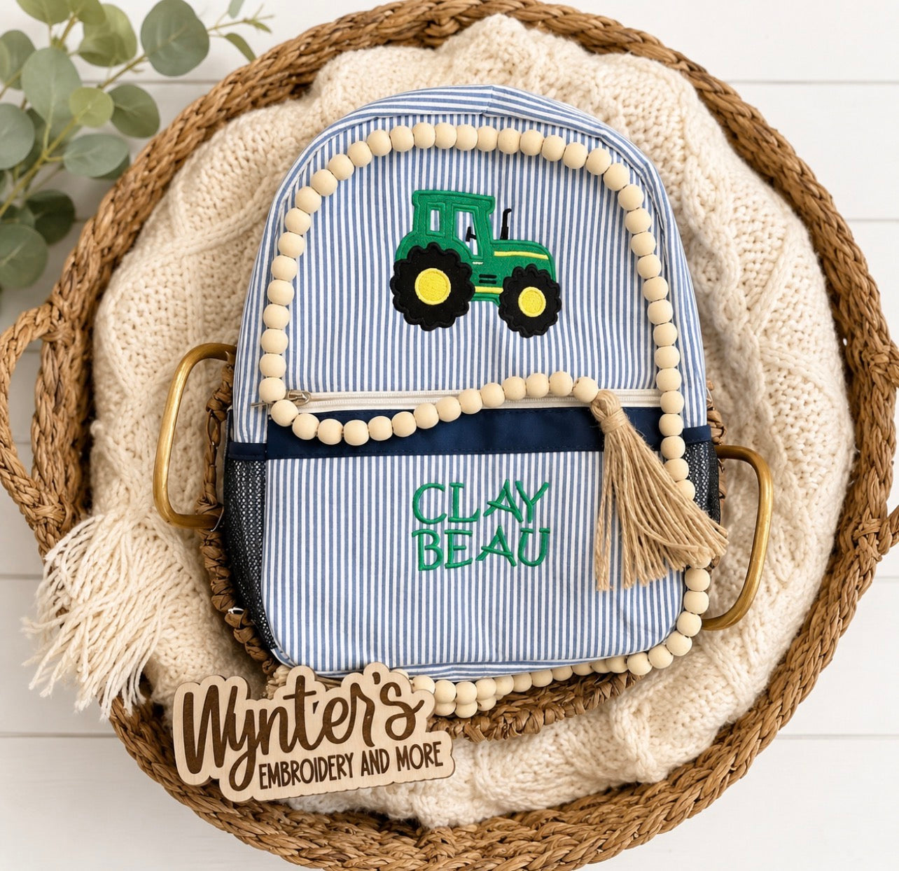 Embroidered Tractor Toddler Seersucker Backpacks