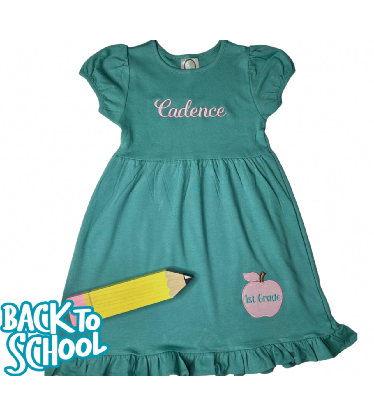 Personalized Waist Ruffle Dress W/ Name and Apple Design