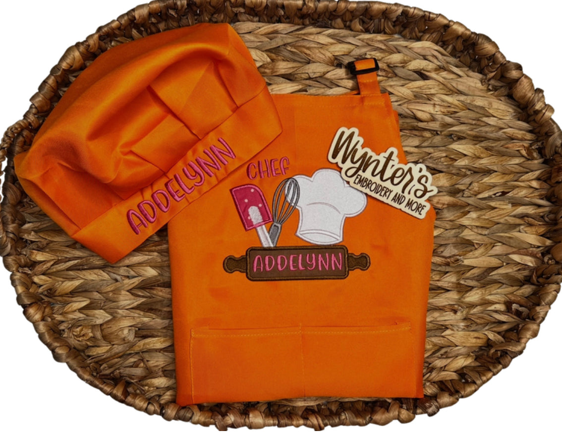 Embroidered Kids Matching Apron and Hat Set