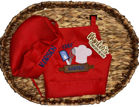 Embroidered Kids Matching Apron and Hat Set